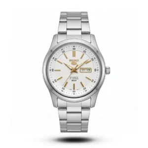 Seiko 5 Silver tone Textured white Dial gold accent Steel Watch